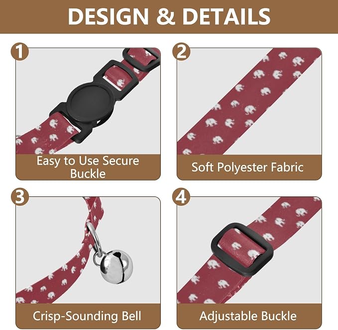 2 Pack Cat Collar White Elephants Maroon Bell Collar for Small Dogs, Adjustable Length 10.6" to 17.1"