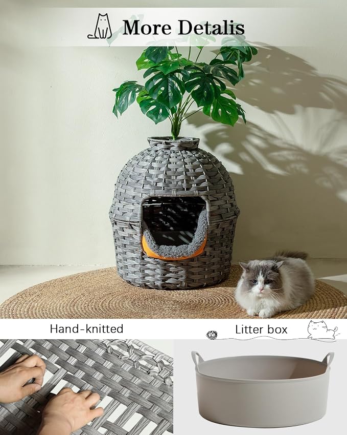 SETVSON Cat Litter Box Plant Enclosure, Hidden PE Rattan Litter Box, Gray | Decorative Planter Design, Handwoven Washable PE Rattan, Removable Top with Artificial Plant & Stones Included, Easy Cleaning