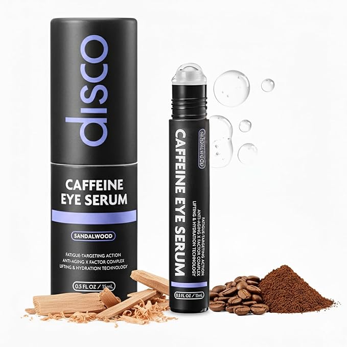 Disco Eye Serum, 12% Caffeine 8% Hyaluronic Acid, Niacinamide Peptides, Puffy Bags Fine Lines Dark Circles Wrinkles, Sandalwood - Hydrating Vitamin C 360° Roller Massage Ball Anti-Aging Cream 0.5oz