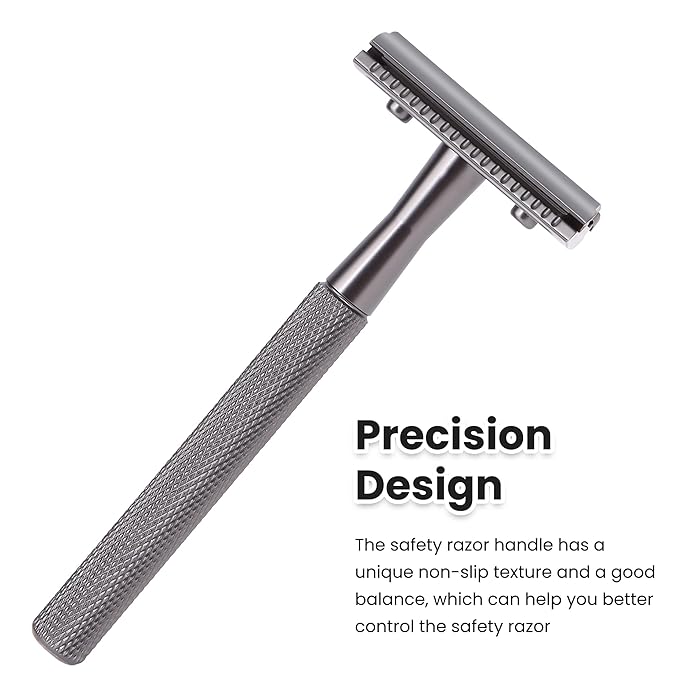 Keropy Double Edge Razor With Stand and 10 Premium Stainless Steel Blade Safety Razors For Men Shaving Razor, Matte Black Double Edge Safety Razor, Gun Black