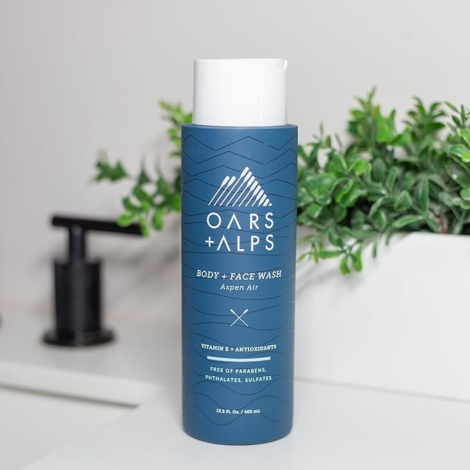 Oars + Alps Mens Moisturizing Body and Face Wash, Skin Care Infused with Vitamin E and Antioxidants, Sulfate Free, Aspen Air, 2 Pack