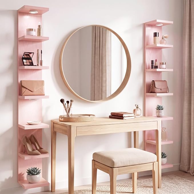 Fixwal 7 Tier Wall Shelf with LED Lights Lack Shelf for Room Deocr (Pink) | 76.8in Tall, Holds 44Lbs Total, Flexible Section Installation, Fits Any Room Decor