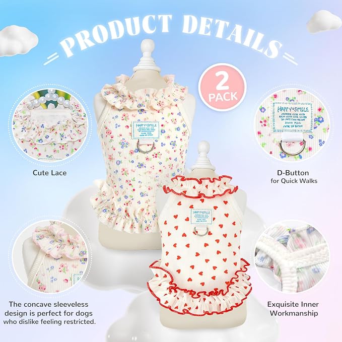 2 Pack Dog Cat Dresses for Small Dogs Girl Cute Heart & Floral Print Ruffle Sleeve Hem Breathable Stretchy Pet Puppy Cat Summer Clothes Outfits for Chihuahua Yorkie Teacup Extra Small Tiny Dogs