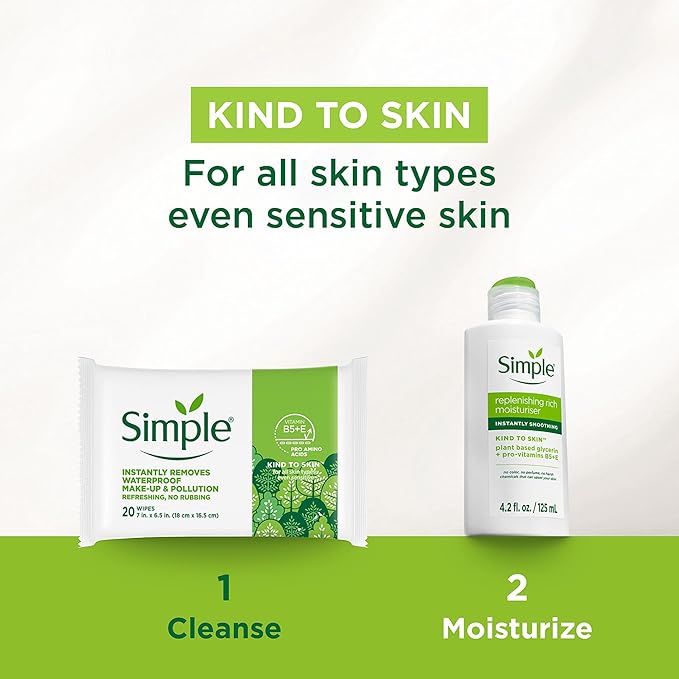 Simple Kind To Skin Micellar Makeup Remover Wipes - Face Wipes Instantly Remove Waterproof Makeup - Enriched with Vitamin B5 and E - Vegan - 2 pc