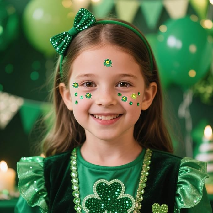 50 Pcs Glitter St. Patrick's Day Face Gems, Green Shamrock Face Jewels with Gold Glitter, Self-Adhesive Face & Body Gems for Festival Party, Irish Theme Makeup Supplies