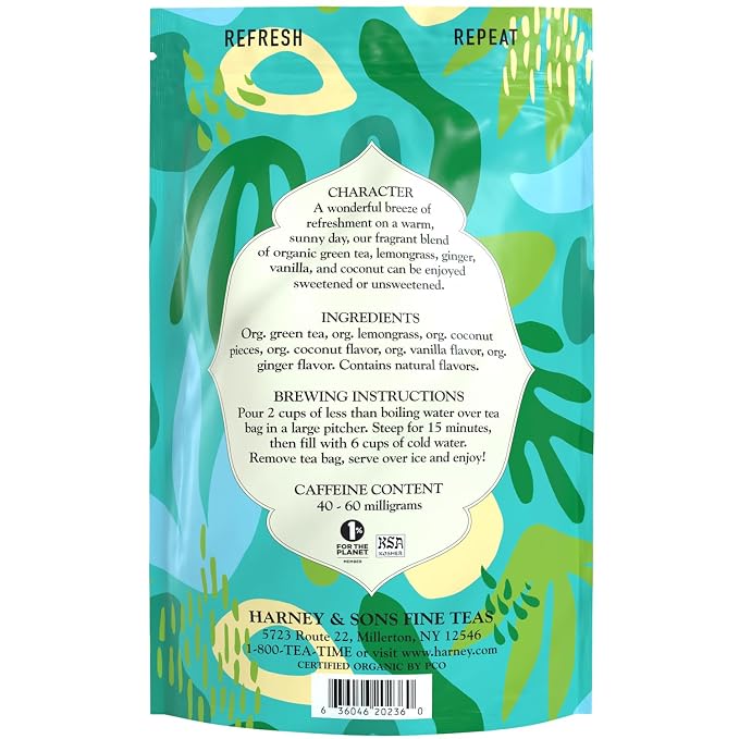 Harney & Sons Fresh Brew Iced Tea, Organic Green Tea with Coconut, 15 Iced Tea Bags, Brews Up to 30 Quarts, Tropical Flavor