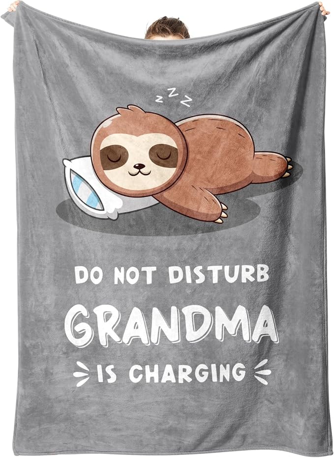 Leebbsin Funny Gifts for Grandma, Grandma Birthday Gift from Grandkids | Grandma is Charging Sloth Blanket 60" x 50", Grey, Grandmas Gift for Christmas Mothers Day, Soft Sloth Blanket for Grandma
