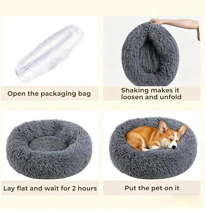 Calming Extra Large Donut Dog Bed, Anti-Anxiety Round Soft Fluffy Plush Faux Fur Washable Anti-Slip Pet Bed for Medium Dogs Up to 45 lbs 32in Darkgray