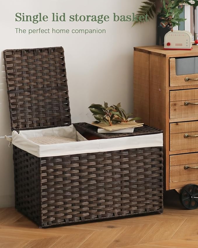 SETVSON Storage Basket with Lid, 2-Lid PE Rattan Storage Bin, Brown | 65L Storage Bin with 2 Separate Lids, 2 Removable Liners with Divider for Clothes & Blankets, Sturdy Frame, Brown