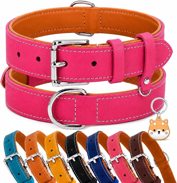Genuine Leather Dog Collar, Soft Padded Leather Dog Collars with Airtag Holder Case for Small Medium Large X-Large Dogs,Comfort Heavy Duty Pet Collar with Durable Metal Buckle & D-Ring-Pink/XL