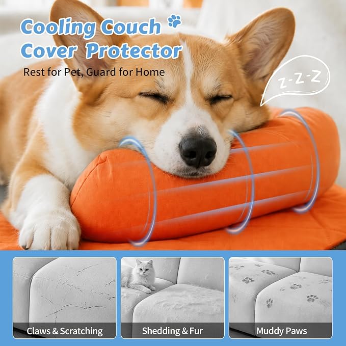 Cooling Dog Bed Mats with Neck & Head Support, 35.43 x31.5 inch Orange | for Small and Medium Dogs & Cats, Non-Slip, Machine Washable, Protects Sofa from Fur & Scratches