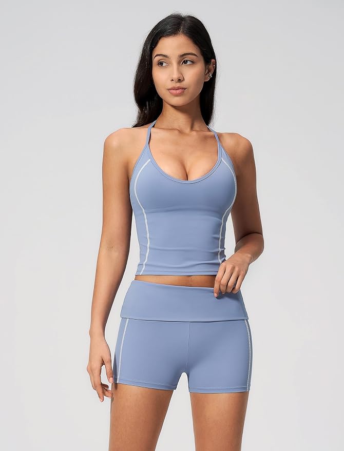 QBGJTD Women 2 Piece Workout Set Color Block Open Back Halter Top and High Waist Booty Lifting Shorts Yoga Outfit