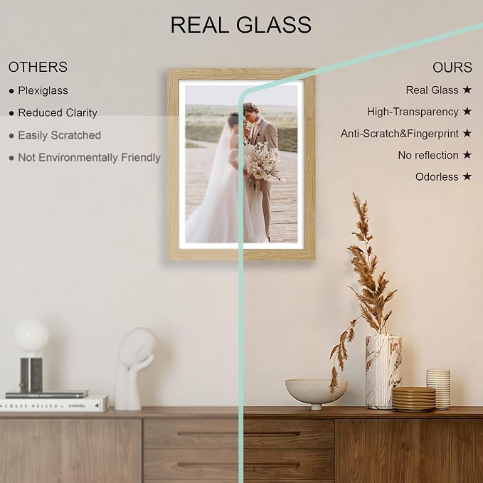 Hongkee 11x15 Picture Frame Set of 4, Made of Real Glass and Natural Oak Frame - Display Picture 10x14 with Mat or 11x15 Without Mat, 11 by 15 Photo for Wall Mounting