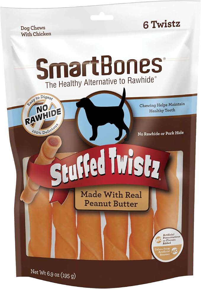 SmartBones Stuffed Twistz Rawhide-Free Dog Treats, Peanut Butter, 6 Count | With Real Peanut Butter & Chicken, Easy To Digest Chew, No Artificial Preservatives or Flavors, For Adult Dogs