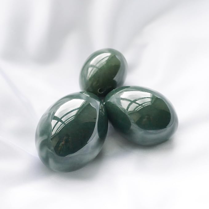 Nephrite Jade Stone Eggs 3-Piece Set – Large, Medium & Small | Side-Drilled, Smooth Hand-Polished Natural Stone with String, Cleaning Brush, Instructions & Certificates | Polar Jade