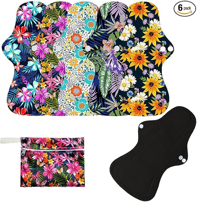 6pcs Resuable Incontinence Pads Resuable Waterproof Resuable Menstrual Pad Sets Including 5Pcs Heavy Flow Menstrual Pads Mama Cloth Sanitary Napkins + 1Pc Mini Wet Bag