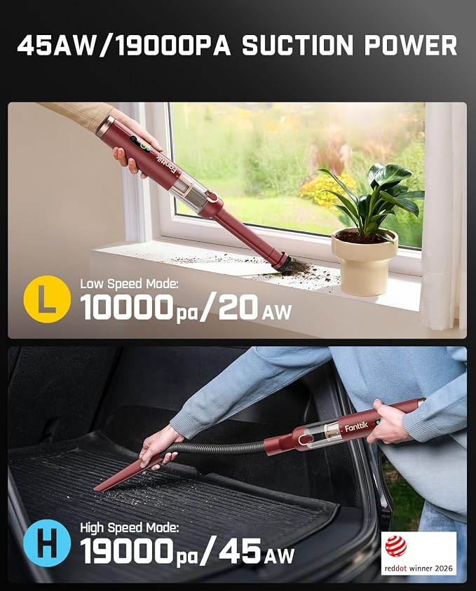 Fanttik Slim V10 APEX Cordless Car Vacuum, 4-in-1 Portable Mini Handheld Vac, Upgraded Smart Digital Display, 19kPa Suction Power, 2 Suction Modes for Small Jobs, Car, Office Desk, Keyboards (Red)