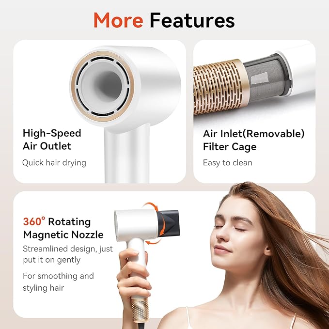 Fast Drying Hair Dryer, 110,000 RPM High-Speed 300M Negative Ions Brushless Blow Dryer for Shine & Frizz-Free Hair, Intelligent Thermo-Control, Lightweight Quiet Dryer with Magnetic Nozzle