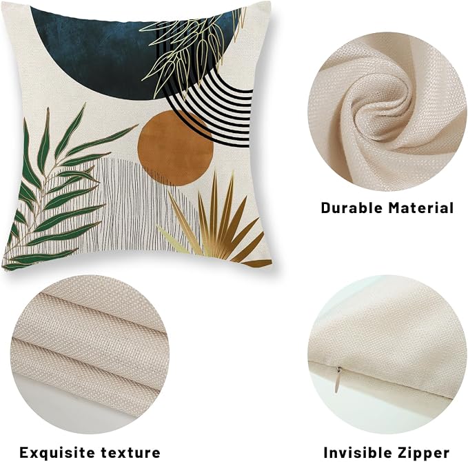 Boho Pillow Covers 18x18 Set of 2 Green Gold Navy Blue Throw Pillows Tropical Leaves Sunset Decor Modern Mid Century Pillowcase Outdoor Decorations Bohemian Linen Cushion Case for Couch Sofa