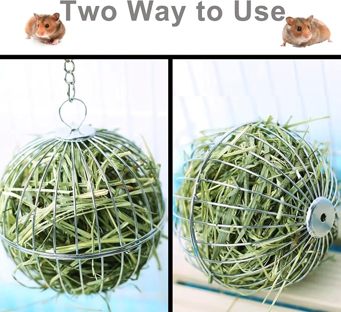 Tfwadmx Rabbit Hay Feeder, Grass Play Hay Ball Chew Toy Stainless Steel Food and Grass Frame Bowls, Small Animals Hay Manger Dispenser for Hamsters Gerbils Chinchillas Guinea Pigs
