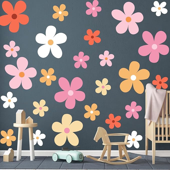TaoBary 12 Sheet Daisy Wall Sticker Decal,Bright Color,Elegant Style | Big Flower Wall Sticker, Pink White Floral Decal, Daisy Bedroom Room Decor, Removable Peel and Stick, Nursery Home Wall Decor