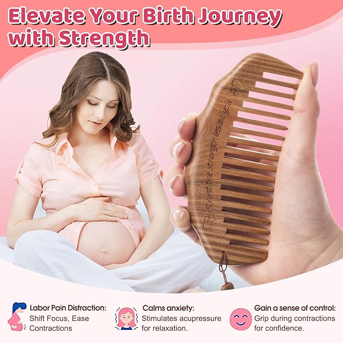 Woduelka Birthing Comb for Labor Pain - Green Sandalwood Labor Comb for Natural Birth Pain Relief, Delivery Essential for Expectant Mom, Pregnancy Hospital Bag Essentials for Women, Pregnant Mom Gift