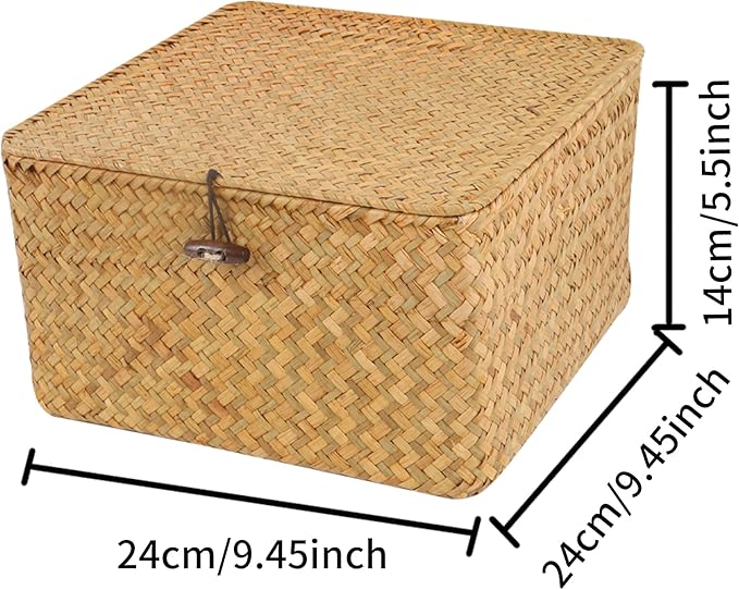 Moosky Wicker Shelf Baskets with Lid, Handwoven Seagrass Storage Basket Bins Square Gift Boxes for Shelves Home Decor Organizer (Natural, Medium)