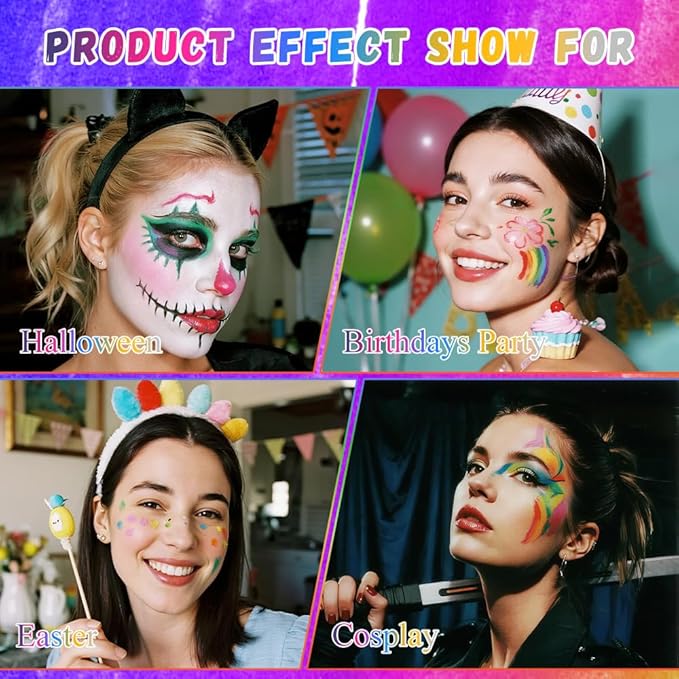 Face Paint Kit for Kids & Adults - 12 Color Rainbow Split Cake Face Painting Kit with 4 Brushes, Water Activated Face Paint Palette, Professional Facepaint Makeup Set for Kids Party Halloween Cosplay