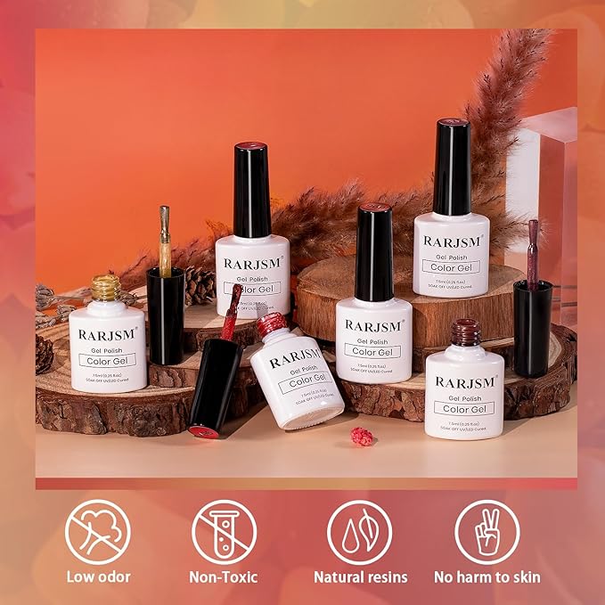 RARJSM Amber Ceramic Cat Eye Gel Nail Polish Set 6 Pcs Metallic Brown Dark Burgundy Orange Cooper Red Gray Mauve Velvet Silver Glitter Cateye Gel Polish with Magnetic Stick UV LED Curing Require Fall