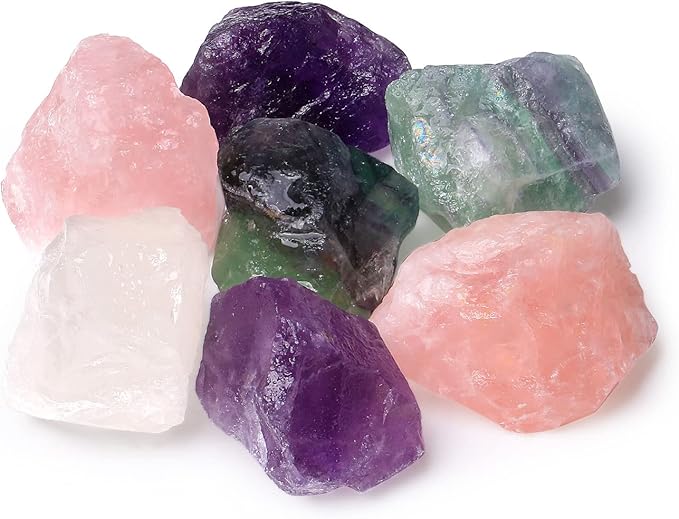 LAIDANLA 1lb 2" Rose Quartz Fluorite Amethyst Clear Quartz Set Natural Rough Stones Crystal Raw Crystals Bulk Healing Gemstones for Reiki Healing Tumbling Fountain Rocks