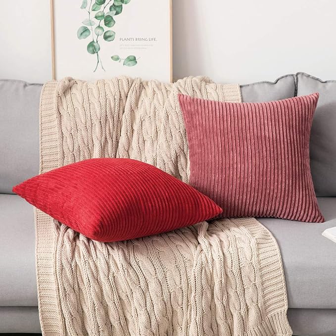 MIULEE Soft Corduroy Throw Pillow Covers Set of 2 18x18 Cranberry Red | Decorative Striped Textured Cushion Cases, Boho Energetic Vibe Pillowcases, Home Decor for Couch Chair Sofa Bed Living Room