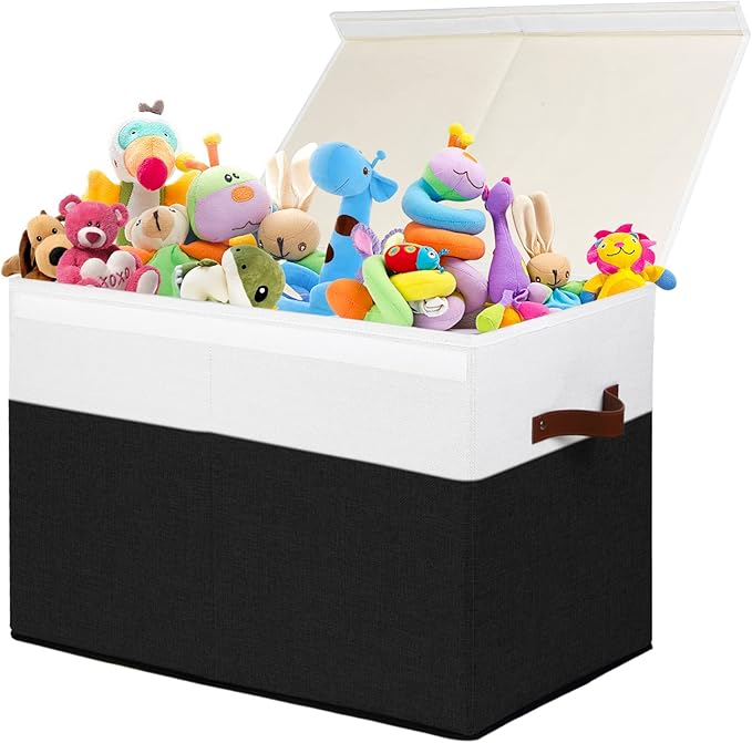 Large Toy Storage Box with Lid, Toy Chest Bin Boxes Basket with Dividers | Sturdy Toy Organizer Bin for Kids, Boys, Girls, Nursery, Living Room, Bedroom, Playroom 25"x13" x16" (Black and White)