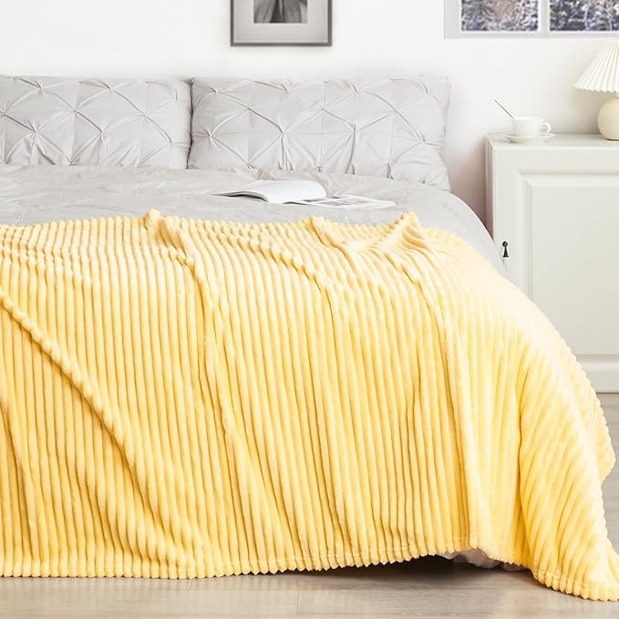 Vessia Flannel Fleece Throw Blanket, 300GSM Cozy Light Yellow Striped Throw Blanket for Couch, Sofa and Bed, Warm and Soft Cozy Pale Yellow Microfiber Ribbed Decor for All Season