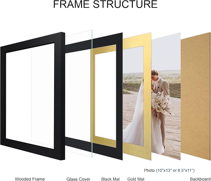 Hongkee 10x13 Picture Frame Set of 4, Made of Real Glass and Black Frame, 10 by 13 Photo for Wall or Tabletop - Display Picture 8.5x11 with Mat or 10x13 Without Mat