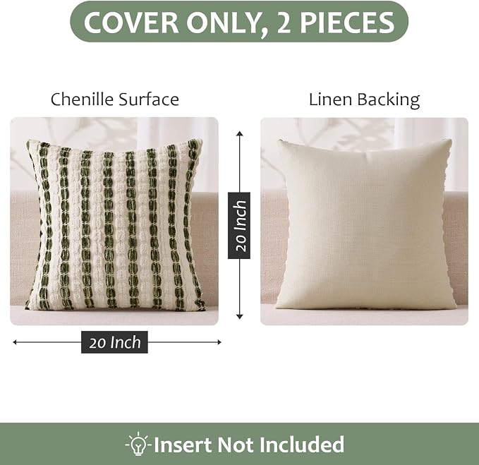ANRODUO Boho Chenille Decorative Pillow Covers 20x20 Set of 2 Green White | Textured Tufted Stripes Woven Cushion Case, Farmhouse Accent Neutral Pillowcase for Couch Sofa Bed Living, Room Decor