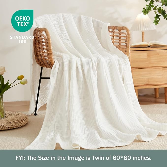 EMME Cotton Muslin King Blanket 4 Layer，Oversized Gauze Bedspread Coverlet, Soft Lightweight Breathable Layered Blanket for All Season (White, 120"x94")