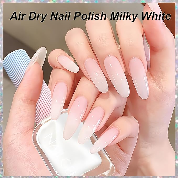 Jelly Milky White Nail Polish, Quick Dry, Fingernail Polish No UV Needed, Sheer Nail Polish for Women and Girls