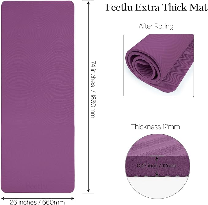 Extra Thick 12mm Exercise Mat – 74"L x 26"W Inch, Non-Slip, Joint-Friendly & Cushioned Fitness Mat for Yoga, Pilates & Floor Workouts – Durable, Supportive & Includes Feetlu Classic Strap