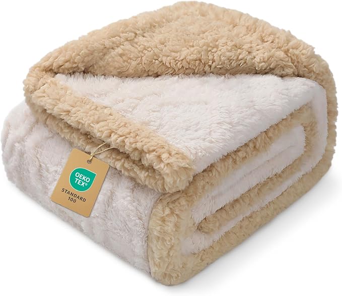 Luciphia Waterproof Blanket for Queen Bed Reversible Fleece Couch Cover | Reversible waterproof pet blanket with soft Sherpa fleece machine washable protect couch bed car, Beige-thicken 90" x 82"