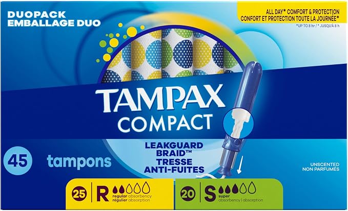 Tampax Compact Pearl Tampons for Women Multipack, with LeakGuard Braid & Extendable Applicator, Regular/Super Absorbency, Compact Extendable Applicator, Unscented, 45 Count