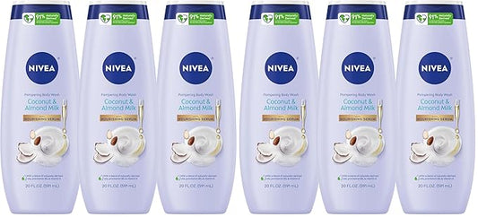 NIVEA Pampering Coconut and Almond Milk Body Wash with Nourishing Serum,Moisturizing Body Wash for Women,Enriched with Provitamin B5 and Vitamin E,20 Fl Oz Bottle,(Pack of 6)