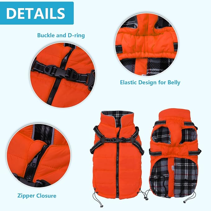 Geyecete Winter Warm Coat Waterproof Dog Winter Jacket with Harness Traction Belt,Pet Outdoor Jacket Dog Autumn and Winter Clothes for Medium, Small Dog-Orange-XL