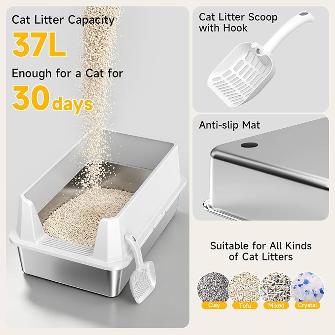 2 Pack XL Stainless Steel Cat Litter Box for Multi-Cat, Light Gray | High Sides, Extra Large Tall Wall Open Top Deep Metal Pan, Anti-Leak Non-Stick Odor Control, 2 Scoops Included