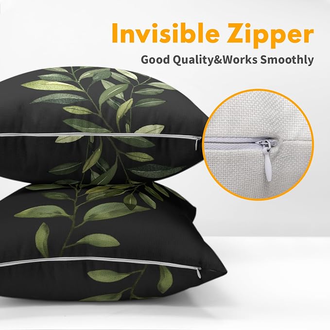 Kawani Green Leaf Throw Pillow Covers 22x22 Inch Set of 2 Spring Summer Plant Leaves Black Decorative Pillow Cases Double Side Printed Cotton Linen Cushion Cover for Couch Sofa Home Decor