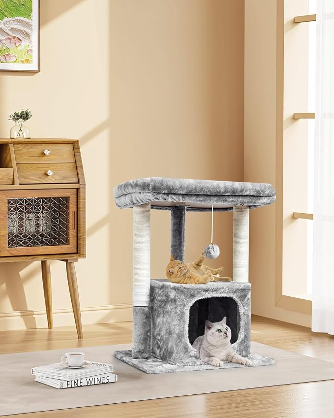 SYANDLVY 27IN Cat Tree for Indoor Cats Large Adult, Modern Activity Tower | Scratching Posts, Condo with Plush Perch, Climbing Stand with Spring Ball for Play, Grey