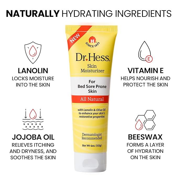 Dr. Hess Skin Moisturizer for Bed Sore Prone & Dry Skin, All Natural with Lanolin, Olive Oil, Jojoba Oil & Beeswax, Paraben & Sulfate Free, Hydrating Body & Face Cream, 4 oz