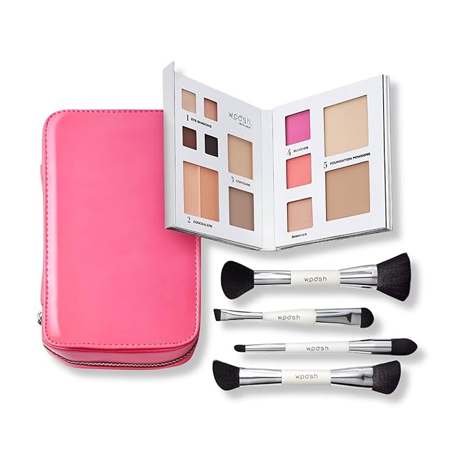 Woosh Beauty, Jetsetter Bundle in #1 Light, Fold out Face Original, Essential Brush Set, Travel Case in Hot Pink