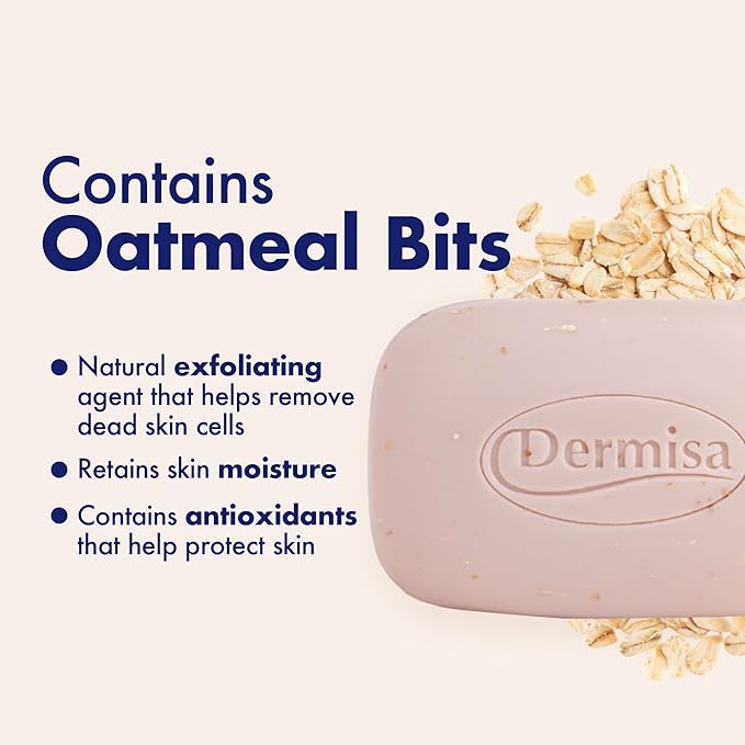 Dermisa Oatmeal Bar with Colloidal Oatmeal and Soothing Aloe Vera - Gently Exfoliating Face and Body Soap for Sensitive and Dry Skin - 3.0 Oz, Pack of 3