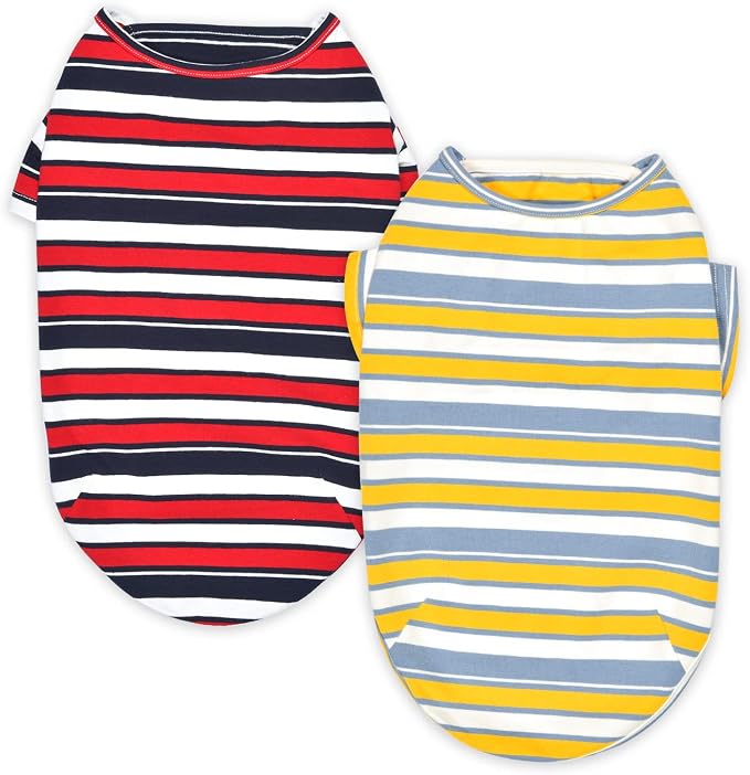 Dog Shirts Cotton Striped T-Shirt, Summer Pet Clothes for Small Dogs, 2-Pack Soft Puppy Apparel Cat Tee, Breathable Stretchy, Red Yellow L