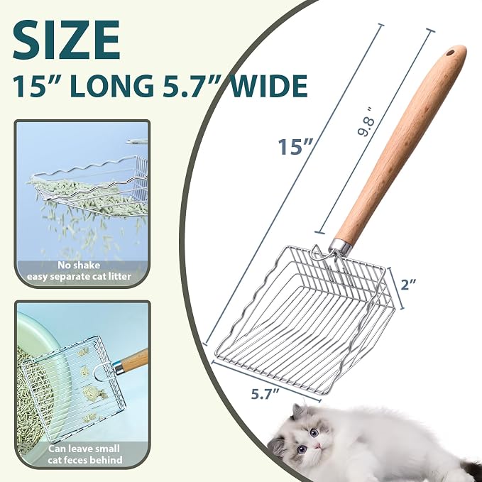 Cat Litter Scoop, Kitty Metal Scooper with Hook and Hole, Non Stick | Stainless Steel Kitten Poop Lifter, Durable & Heavy Duty Sifter, Easy To Clean, Saves Time, for Litter Box